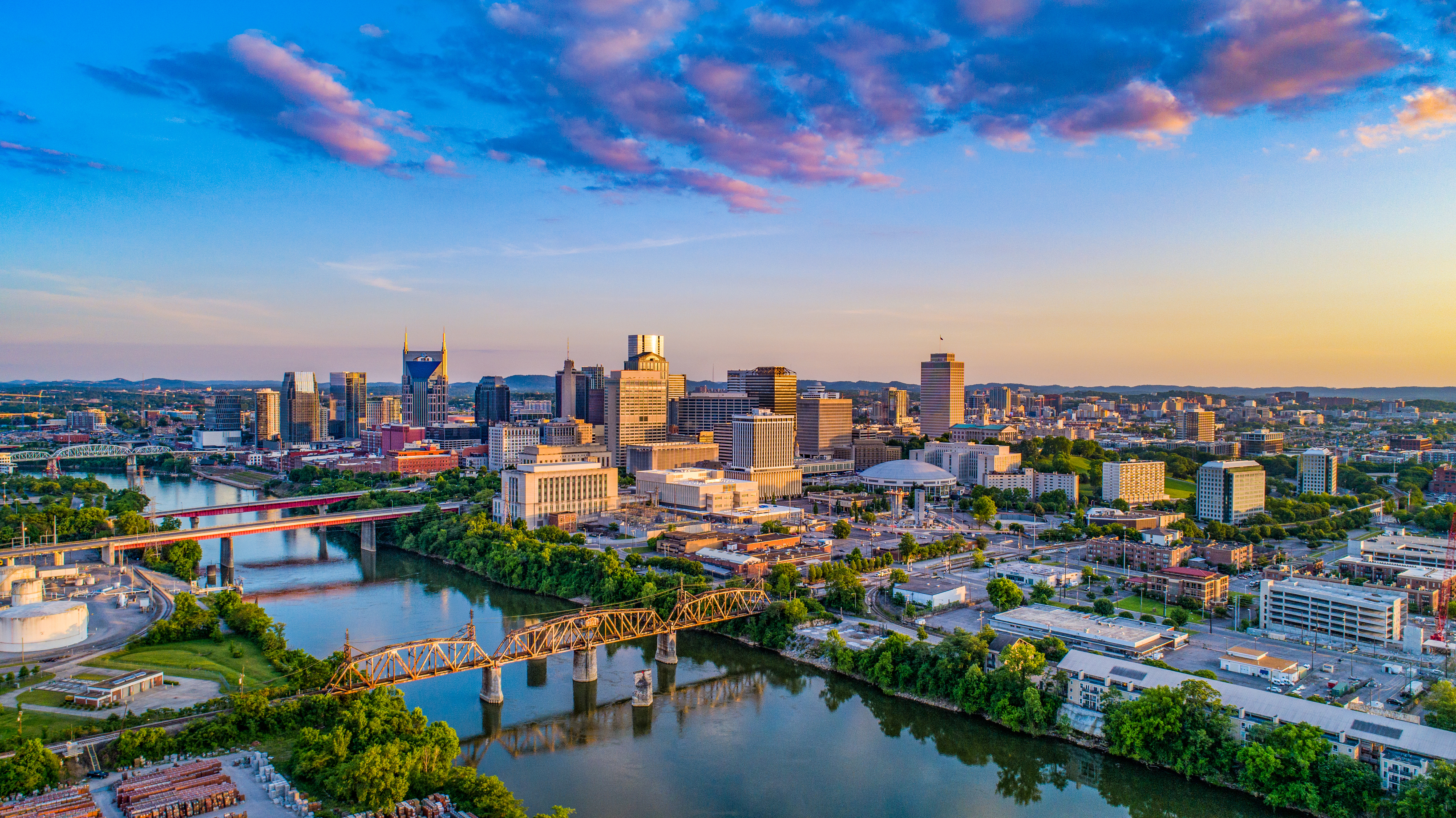 Photograph of the Nashville skyline at sunset.